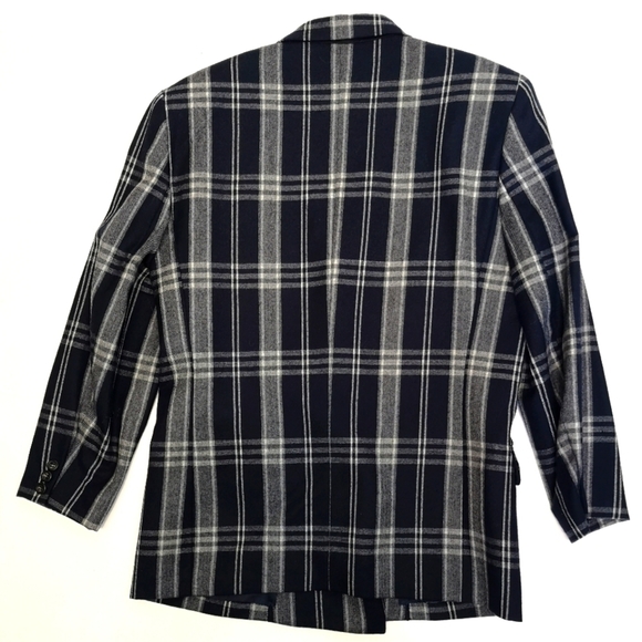 80s vintage window pane plaid oversized double-breasted NAVY/WHITE wool jacket - Picture 2 of 15